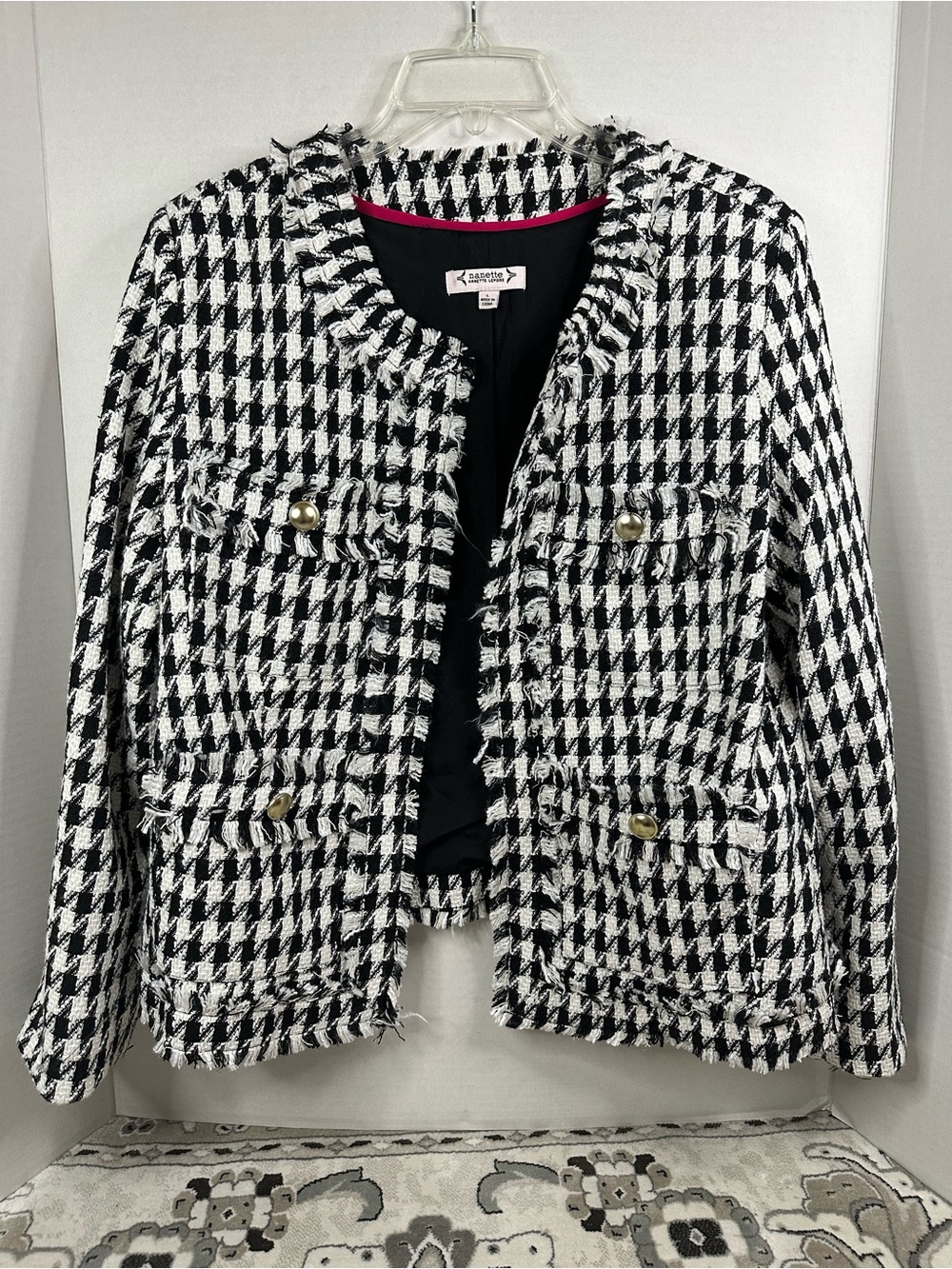 Nanette Lepore Black & White Houndstooth Fringe Tweed Blazer, size Large